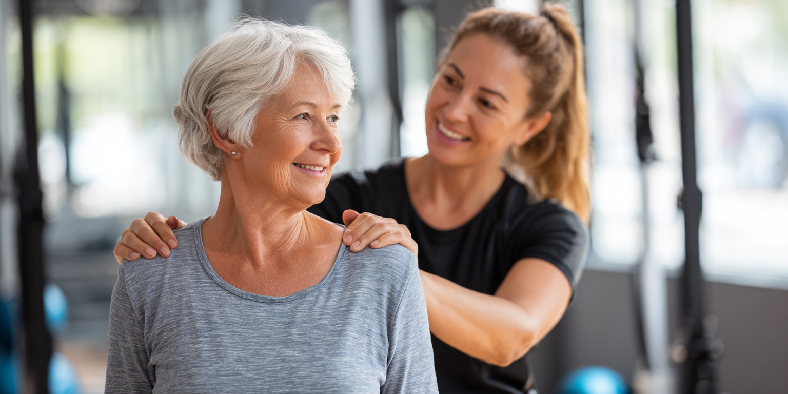 Старша жінка виконує вправи з тренером